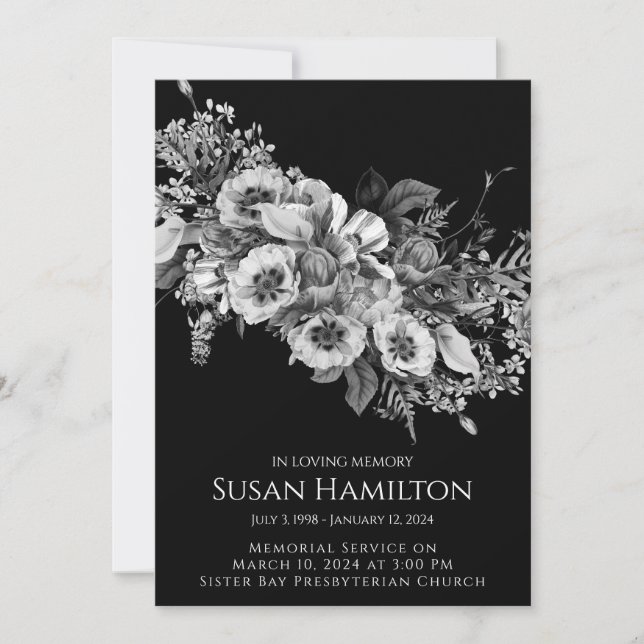 Black & White Pansy Funeral Memorial Announcement (Front)