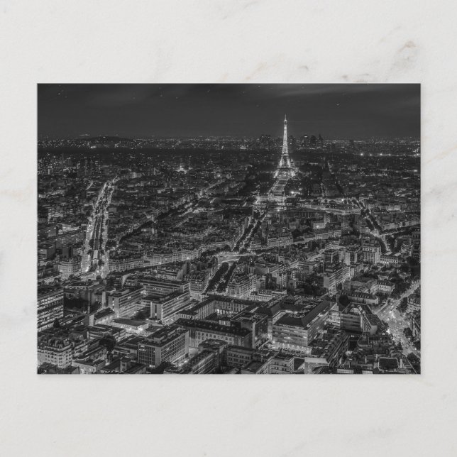 Black White Paris City Night Eiffel Tower European Holiday Postcard (Front)