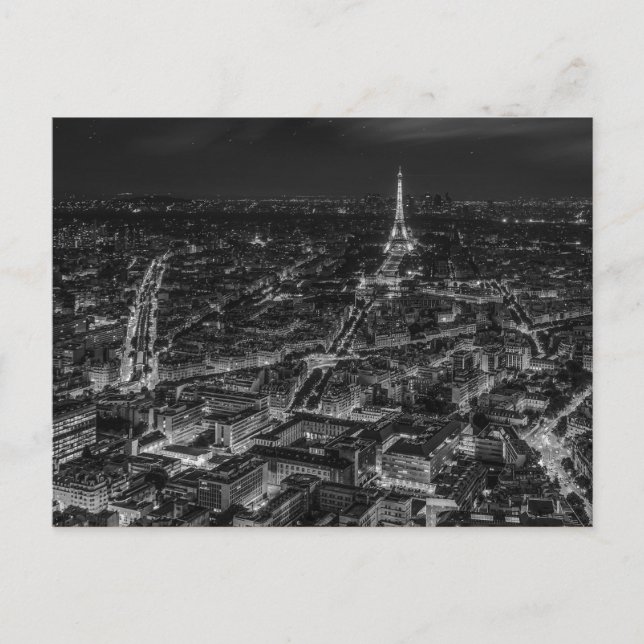 Black White Paris City Night Eiffel Tower Travel Postcard (Front)
