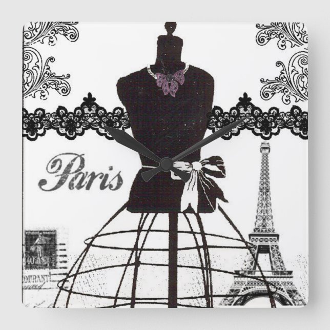Black White Paris Fashion Mannequin Square Wall Clock (Front)