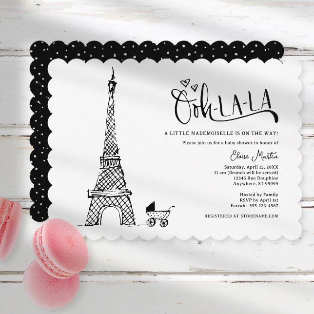 Black White Paris French Baby Shower Invitation (Shown on a 5" x 7" card with scalloped edges)