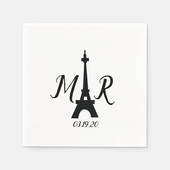 Black White Paris Tower Wedding Logo Napkin (Front)