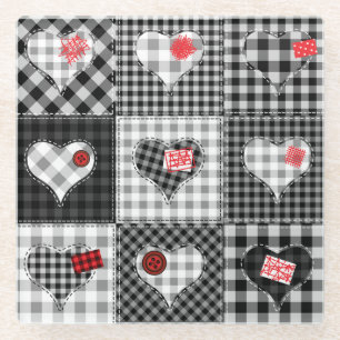 Black White Patchwork Hearts Seamless. Glass Coaster