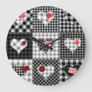 Black White Patchwork Hearts Seamless. Large Clock