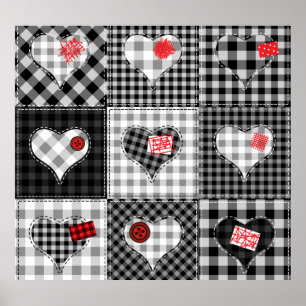 Black White Patchwork Hearts Seamless. Poster