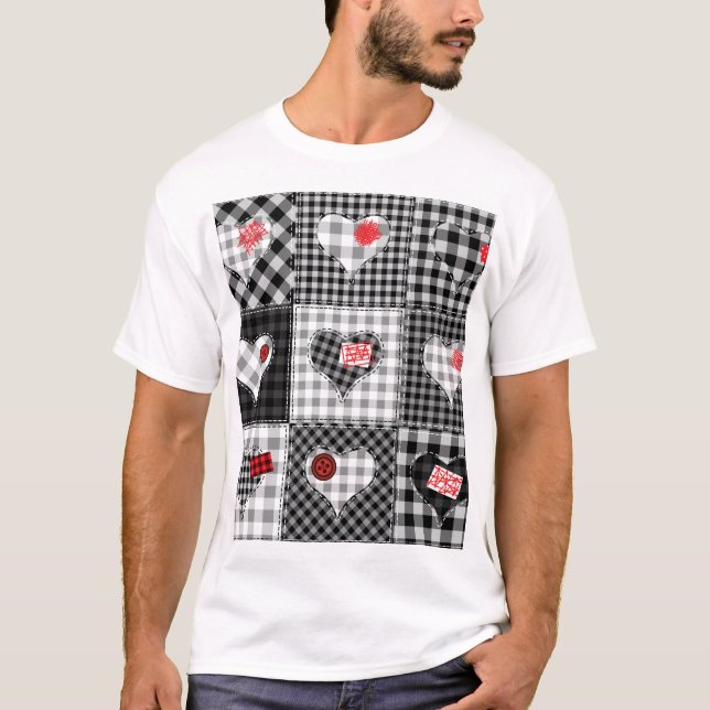 Black White Patchwork Hearts Seamless. T-Shirt (Front)