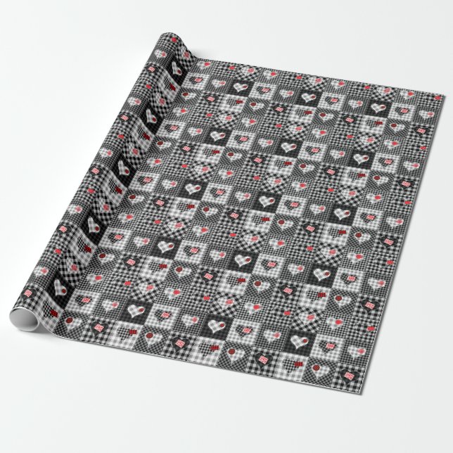 Black White Patchwork Hearts Seamless. Wrapping Paper (Unrolled)