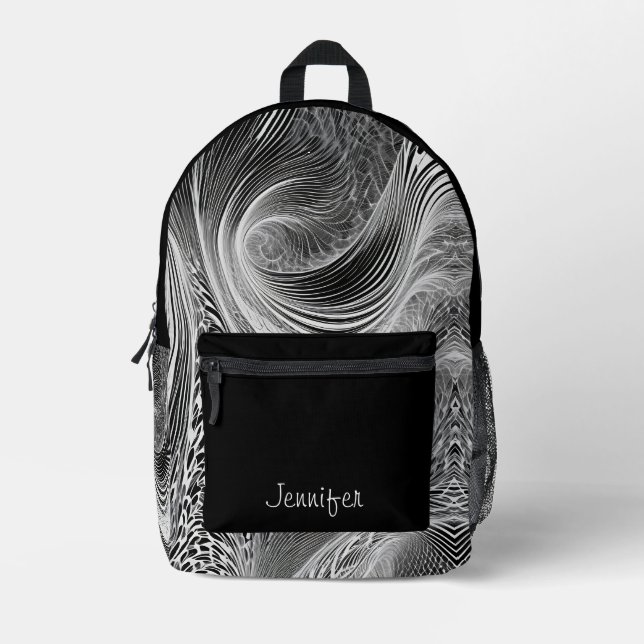 Black White Pattern Abstract Curves Personalised Printed Backpack (Front)