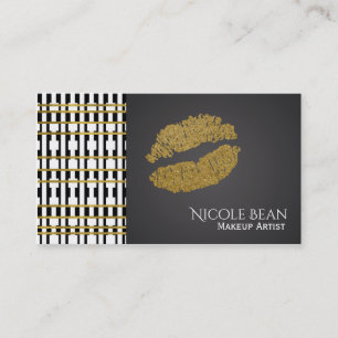 Black & White Pattern & Faux Gold Shine Lips Business Card