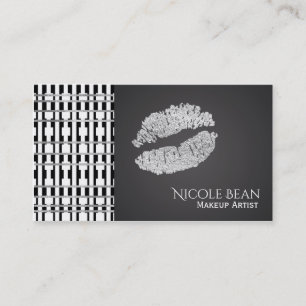 Black & White Pattern & Faux Silver Shine Lips Business Card