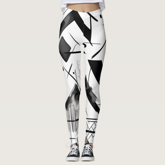 Black White Pattern Ink Watercolor Art Brushstroke Leggings (Front)