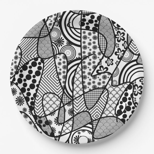 Black & White Pattern Patchwork 02 Paper Plate (Front)