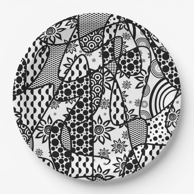 Black & White Pattern Patchwork 03 Paper Plate (Front)