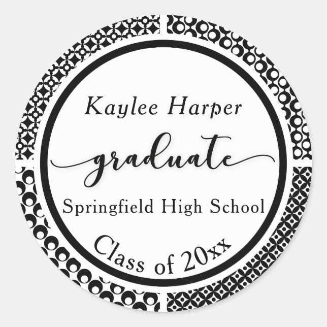 Black & White Patterns Graduation Celebration 3 Classic Round Sticker (Front)