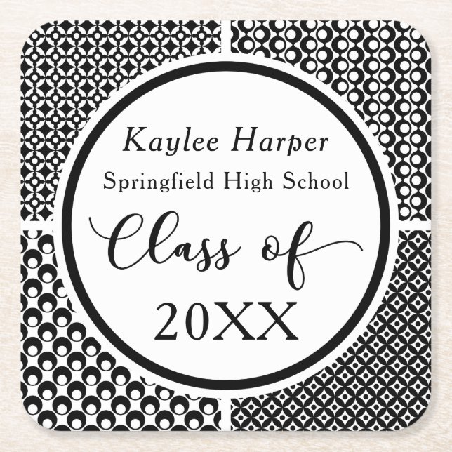 Black & White Patterns Graduation Celebration Square Paper Coaster (Front)
