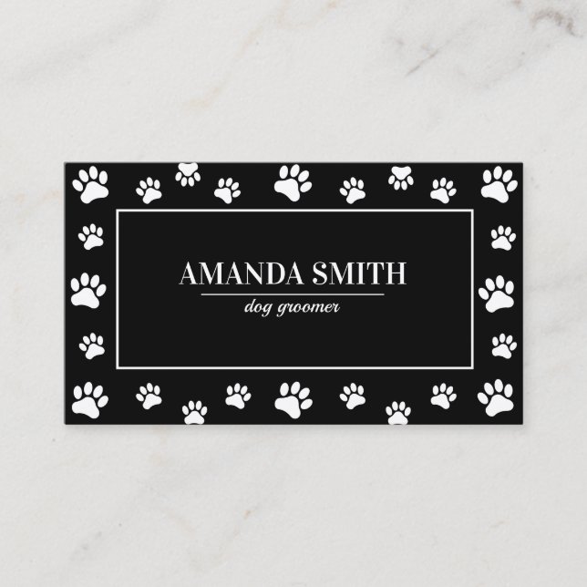 Black & White Paw Prints Dog Groomer Business Card (Front)