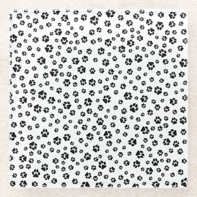 Black White Paw Prints Pattern Glass Coaster (Front)