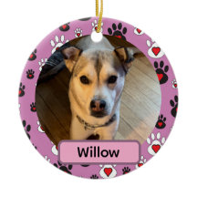 Black White Pawprint Red hearts Name pink Ornament