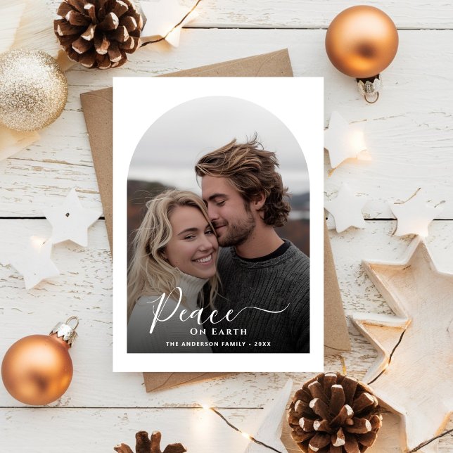 Black & White Peace On Earth Christmas Arch Photo Holiday Card (Creator Uploaded)