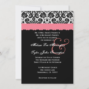 Black White Peach Lace Flower Damask Wedding V20 Invitation