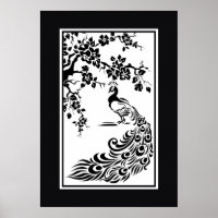 Black white peacock and cherry blossoms poster