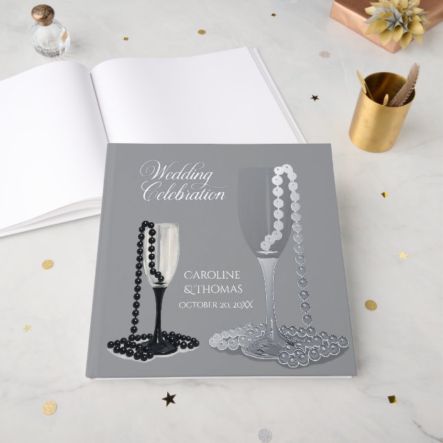 Black & White Pearl Champagne Glass Wedding Guest Book (Front Open)