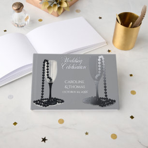 Black & White Pearl Champagne Glass Wedding Guest Book