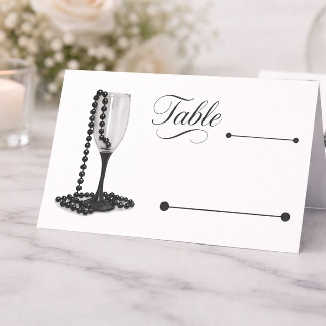 Black & White Pearl Champagne Glass Wedding Place Card (Creator Uploaded)