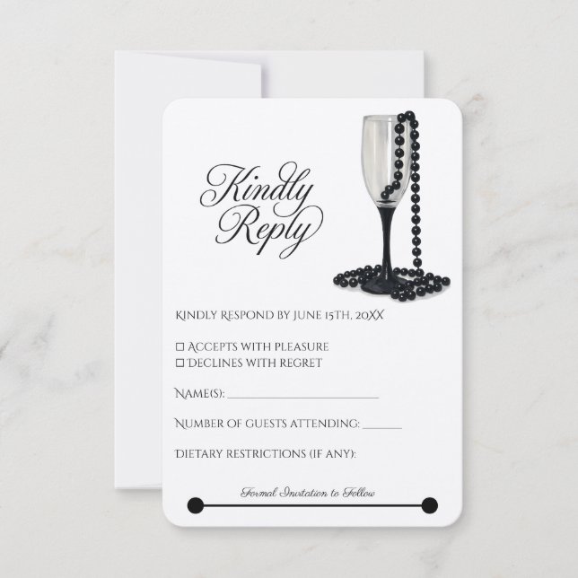 Black & White Pearl Champagne Glass Wedding RSVP Card (Front)