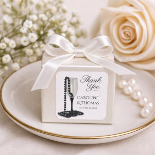 Black & White Pearl Champagne Glass Wedding Square Sticker