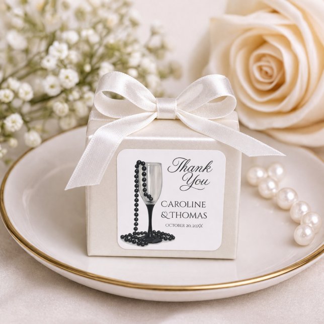 Black & White Pearl Champagne Glass Wedding Square Sticker (Creator Uploaded)
