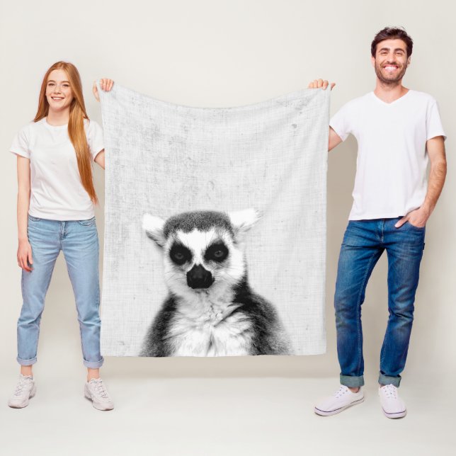 Black & White Peekaboo Lemur Minimalist Nursery Fleece Blanket (In Situ)