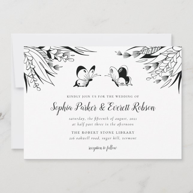 Black White Pen Ink Butterfly Floral Wedding Invitation (Front)