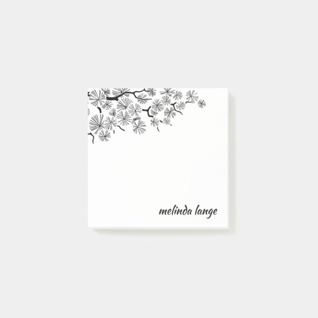 Black White Pen Ink Pine Branch Post-it Notes (Front)