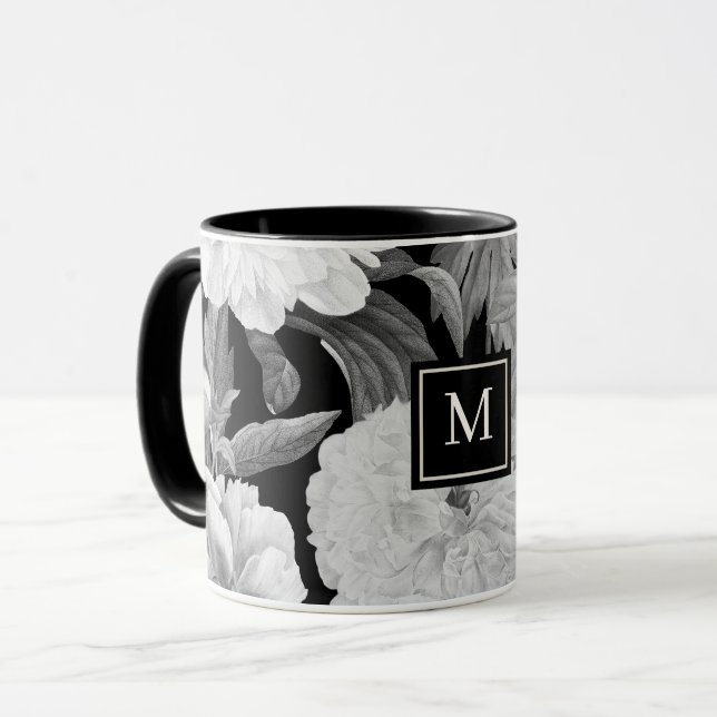 Black & White Peonies Floral Monogram Mug (Front Left)