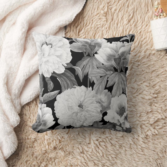 Black & White Peonies Watercolor Floral Cushion (Blanket)