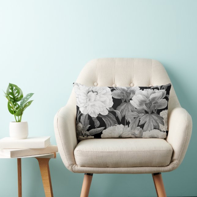 Black & White Peonies Watercolor Floral Lumbar Cushion (Chair)