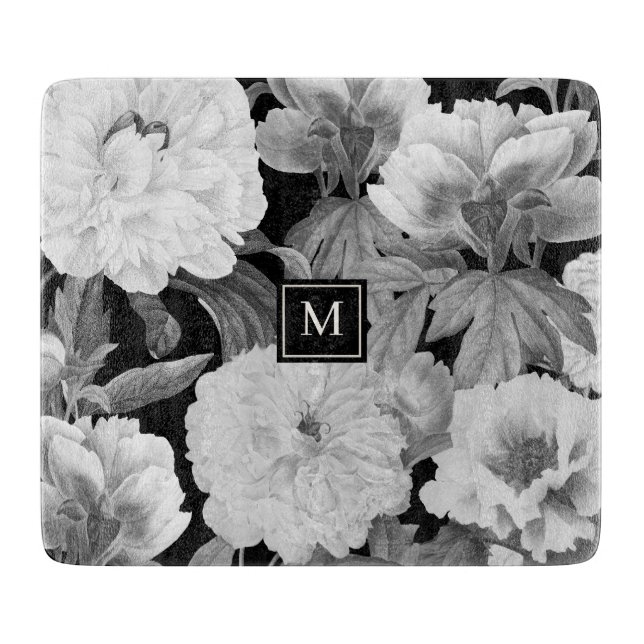 Black & White Peonies Watercolor Floral Monogram Cutting Board (Front)