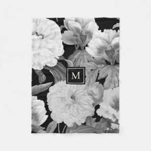 Black & White Peonies Watercolor Floral Monogram Fleece Blanket