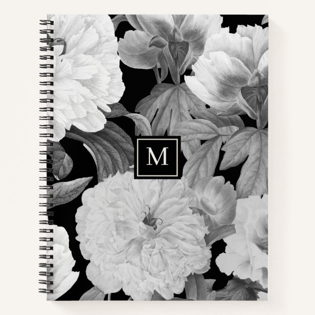 Black & White Peonies Watercolor Floral Monogram Notebook (Front)