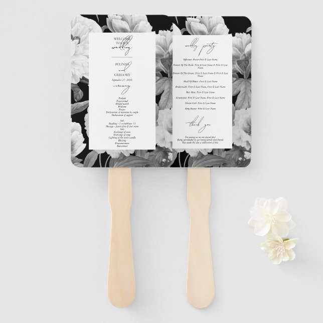 Black & White Peonies Watercolor Floral Wedding Hand Fan (Front and Back)