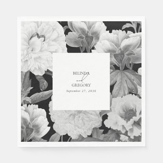 Black & White Peonies Watercolor Floral Wedding Napkin (Front)