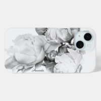 Black white peony elegant floral watercolor art