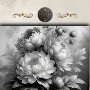 Black White Peony Floral Decoupage Tissue Paper