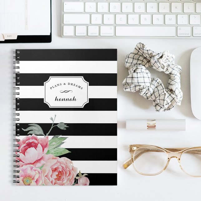 Black & White Peony Floral Stripe Notebook (Creator Uploaded)