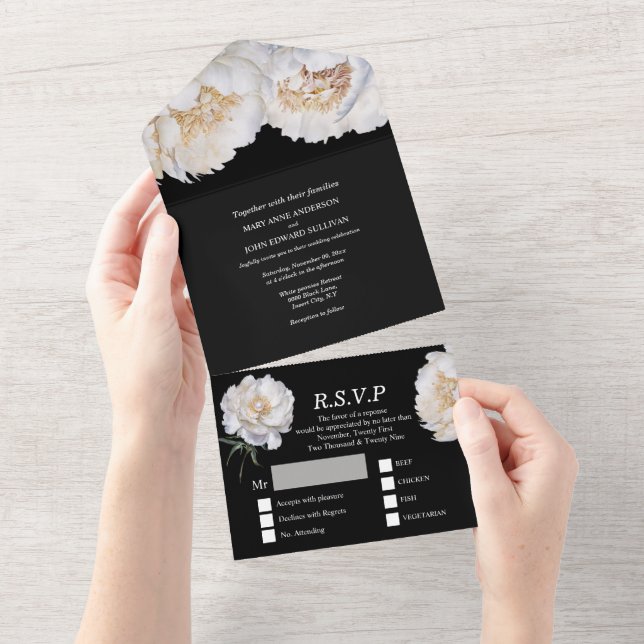 Black white peony flower summer spring wedding  all in one invitation (Tearaway)