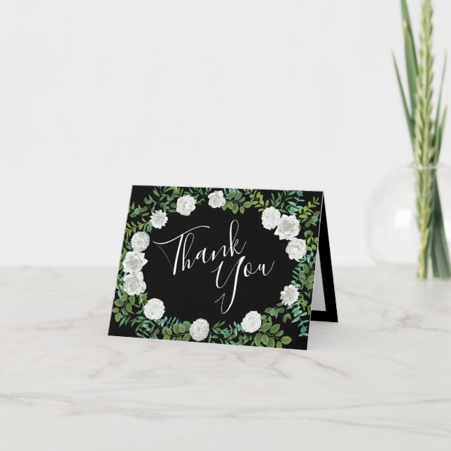 Black & White Peony Rose Floral Thank You Cards (Front)