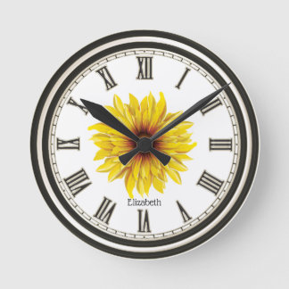 Black White Personalised Beautiful Sunflower Round Clock