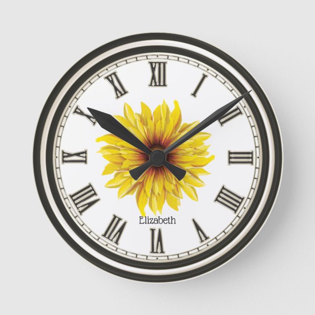 Black White Personalised Beautiful Sunflower   Round Clock (Front)