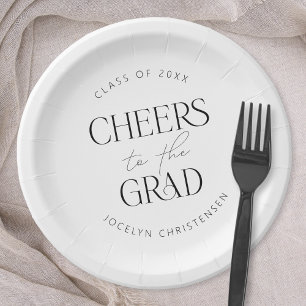 Black White Personalised Cheers Grad Party Paper Plate